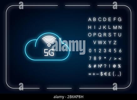 Icona della luce al neon per servizi cloud 5G. Cloud computing. Forza lavoro remota. Archiviazione in rete. Effetto incandescente esterno. Firma con lettere, numeri e simboli Illustrazione Vettoriale