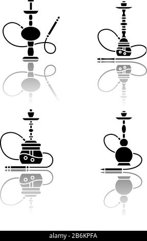 Set di icone gyph nero ombra goccia hookah. Opzione Nargila. Casa sheesha. Souvenir popolare. Odore dal tubo. Profumo di vaporizzazione. Area fumatori. Isolato Illustrazione Vettoriale