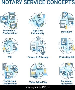 Set di icone di concetto di servizi notarili. Legislazione e regolamentazione pubblica. Certificato, garanzia. Comune idea di legge sottile linea RGB illustrazioni a colori Illustrazione Vettoriale