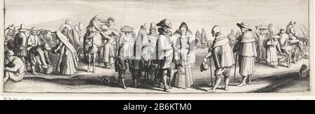 Elegante coppia e due pellegrini in primo piano mercato, Serie B (titolo della serie) un gruppo di cittadini elegantemente vestiti, che per due pellegrini in un mercato. Uno di loro chiede elemosine. Lasciò una donna con cappuccio, con un cesto di frutta. Inoltre, un carrello viene scaricato. Terza immagine di un fregio di quattro stampe, raffigurante un markt. Produttore : stampatore Jan van de Velde (II) Editore: Jan van de Velde (II) Luogo di produzione: Nord Paesi Bassi Data: 1603 - 1633 caratteristiche Fisiche: Incisione e engra materiale: Carta Tecnica: Incisione / engra (processo di stampa) Misure: Bordo della lastra: H 98 mm × W 318 Foto Stock