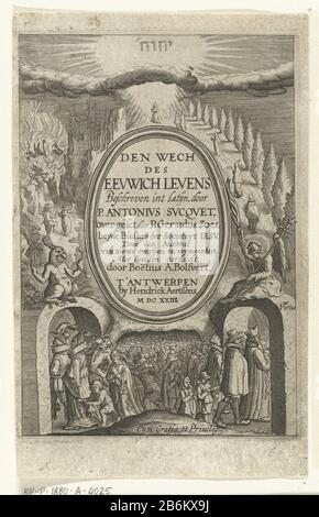 Embleem met de weg naar het eeuwig leven de weg naar de hel voor de goddelozen Den wech des eeuwich levens (serietitel op Object) Logo sulla strada verso la vita eterna per i giusti e la strada verso l'inferno per goddelozenDen wech di eeuwich vita (Oggetto titolo serie) Tipo Di Proprietà: Stampa pagine titolo numero Oggetto: RP-P-1880-A 4025Catalogusreferentie: Hollstein Dutch 249Opmerking: Copia fabbricante: Stampare da: Boëtius Adamsz. Bolswertprentmaker: Anonymous publisher: Henry Aertssens Provider of Privilege: Anonymous (listed property) Place manufacture: Antwerp D. Foto Stock