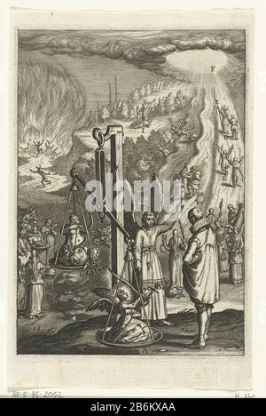 Embleem ha incontrato engel die man toont hoe hij deugd en zonde tegen elkaar af moet wegen Den wech des eeuwich levens (serietitel) un angelo si alza su scale e mostra a un uomo quanto male: Di considerare la virtù sul peccato. Su una scala è il diavolo con il globo e segni di potere, si trova che vuole. L'angelo che pesa nella scala, rappresenta la virtù. Il paesaggio dietro di loro mostra ciò che il ragazzo sta aspettando il suo cheuze. Produttore : Printmaker: Boëtius Adamsz. Bolswertnaar proprio design: Boëtius Adamsz. Bolswertuitgever: Hendrik Aertssens Produzione Di Posti: Print maker: The Netherlands Editore: Antwer Foto Stock