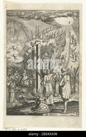 Embleem ha incontrato engel die man toont hoe hij deugd en zonde tegen elkaar af moet wegen Den wech des eeuwich levens (serietitel) un angelo si alza su scale e mostra a un uomo quanto male: Di considerare la virtù sul peccato. Su una scala è il diavolo con il globo e segni di potere, si trova che vuole. L'angelo che pesa nella scala, rappresenta la virtù. Il paesaggio dietro di loro mostra ciò che il ragazzo sta aspettando il suo cheuze. Produttore : stampare da: Boëtius Adamsz. Bolswertprentmaker: Anonymous Editor: Henry Aertssens Place manufacture: Antwerpen Data: 1620 - 1623 e / o 1623 caratteristiche Fisiche Foto Stock