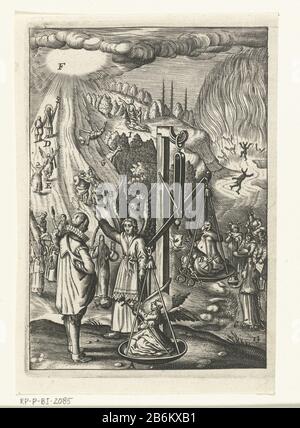 Embleem ha incontrato engel die man toont hoe hij deugd en zonde tegen elkaar af moet wegen Den wech des eeuwich levens (serietitel) un angelo si alza su scale e mostra a un uomo quanto male: Di considerare la virtù sul peccato. Su una scala è il diavolo con il globo e segni di potere, si trova che vuole. L'angelo che pesa nella scala, rappresenta la virtù. Il paesaggio dietro di loro mostra ciò che il ragazzo sta aspettando il suo cheuze. Produttore : stampare da: Boëtius Adamsz. Bolswertprentmaker: Editore anonimo: Henry Aertssens Luogo fabbricazione: Anversa Data: 1620 - 1649 e / o 1649 Caratteristiche Fisiche: Auto Foto Stock