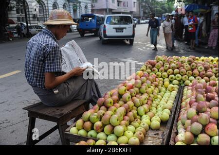 23.09.2013, Yangon, Repubblica dell'Unione di Myanmar, Asia - un fornitore di frutta attende i clienti vicino alla sua stalla con le mele e legge il giornale. Foto Stock
