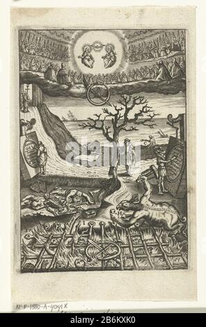 Embleem incontrò uomo morire twijfelt sopra de keuze tussen leven in deugd di leven in zonde Den wech des eeuwich levens (serietitel) un uomo incerto della sua vita percorsi a piedi ad un incrocio di due. Una strada conduce ad una vita di virtù per l'eternità e l'altra lontano da una vita di peccato che conduce all'inferno. Dovrebbe considerare se si rammarica della sua scelta dopo la sua morte, secondo le istruzioni in meditazione uitded. Produttore : stampare da: Boëtius Adamsz. Bolswertprentmaker: Anonymous publisher: Henry Aertssens Place manufacture: Antwerp Date: 1590 - 1623 and / or 1623 Physical Features: Car Material Foto Stock