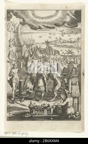 Embleem ha incontrato l'uomo op de weg naar het eeuwige leven die wordt blootgesteld aan verzoekingen van de duivel Den wech des eeuwich levens (serietitel) UN uomo sulla strada per la vita eterna Cristo ha incontrato le attrezzature colpite (arma christi). Sulla sua strada, l'uomo portò in tentazione dal diavolo che lo confronta con il suo bezittingen terreno scartato. Produttore : stampare da: Boëtius Adamsz. Bolswertprentmaker: Anonymous publisher: Henry Aertssens Place manufacture: Antwerp Date: 1620 - 1623 and / or 1623 Physical Features: Car Material: Paper Technique: Engra (printing process) Dimensions: Plat Foto Stock