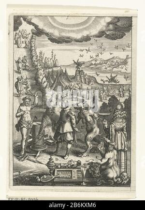 Embleem ha incontrato l'uomo op de weg naar het eeuwige leven die wordt blootgesteld aan verzoekingen van de duivel Den wech des eeuwich levens (serietitel) UN uomo sulla strada per la vita eterna Cristo ha incontrato le attrezzature colpite (arma christi). Sulla sua strada, l'uomo portò in tentazione dal diavolo che lo confronta con il suo bezittingen terreno scartato. Produttore : stampare da: Boëtius Adamsz. Bolswertprentmaker: Anonymous publisher: Henry Aertssens Place manufacture: Antwerp Date: 1620 - 1649 and / or 1649 Physical Features: Car Material: Paper Technique: Engra (printing process) Dimensions: Shee Foto Stock