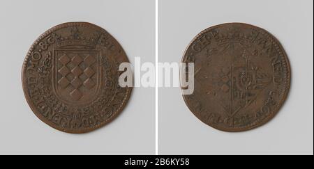 Emmanuel Philibert de Lalaing, markies van Renty, baron van Montigny en Anna van Croy, markiezin van Renty Koperen penning. Voorzijde: Gekroond wapenschild, omhangen met de orde van het Gulden Vlies binnen omschrift. Keerzijde: Ruitvormig wapenschild onder kroon tussen jaartal binnen omschrift fabbricante : anoniemPlats fabbricazione: België datazione: 1586 kenmerken Fisico: Koper Materiale: Koper Techniek: Slaan dimensioni: D 3 cm. × g 5,75 gr Data: 1586 - 1586Wie: Emanuel Filibert van Lalaing (barone van Montigny, markies van Renty)Anna van Croÿ (markiezin van Renty) Foto Stock
