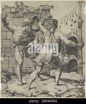 Entellus en Osa la partita di boxe tra Entellus e Dares. Sullo sfondo antico ruïnes. Produttore : stampatore: Marco dente (proprietà in elenco) Designed by: Rafael Place manufacturing: Italy Data: 1498 - 1532 caratteristiche Fisiche: Car Material: Paper Technique: Engra (processo di stampa) dimensioni: Foglio: H 305 mm (Bordo interno della piastra . taglio) b × 270 mm (taglio interno del bordo della piastra) Oggetto: The Boxing contest: Dares e Entellus Foto Stock