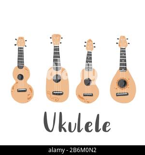 Carino cartone ukulele per poster estate, cartellino design. Piccola chitarra, strumento di musica d'archi in stile hawaii. Illusazione vettoriale di semplice stile disegnato a mano. Illustrazione Vettoriale