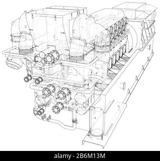 Motore a gas. Il motore a gas è un motore a combustione interna che funziona con un carburante a gas. Linea wire-frame isolata su bianco. Rendering vettoriale di 3d. Illustrazione Vettoriale