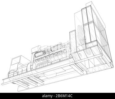 Motore a gas. Il motore a gas è un motore a combustione interna che funziona con un carburante a gas. Linea wire-frame isolata su bianco. Rendering vettoriale di 3d. Illustrazione Vettoriale