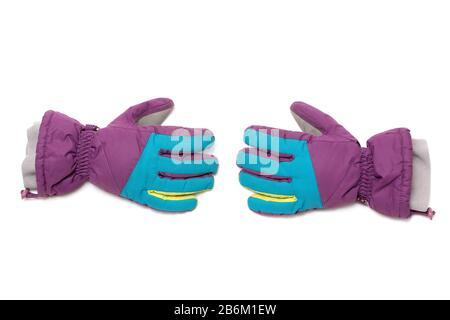 guanti da sci isolati su sfondo bianco Foto Stock