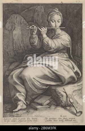 Euterpe De negen muzen (seriettel) seduta Euterpe, la musa della musica e della poesia, suona il flauto e i suoi piedi sono un cantore e libri. Tra gli show due versi a due righe in Latijn. Produttore : printmaker Charles David da stampare da: Hendrick Goltzius (edificio elencato) autore: Franco Estius (edificio elencato) editore: Pierre FirensPlats fabbricante: Paris Data: 1618 - 1622 caratteristiche Fisiche: Materiale per auto: Tecnica della carta: Engra (processo di stampa) dimensioni: Bordo della lastra: H 245 mm × W 166 mm Oggetto: Euterpe (una delle Muse); "Euterpe" (Ripa) Foto Stock