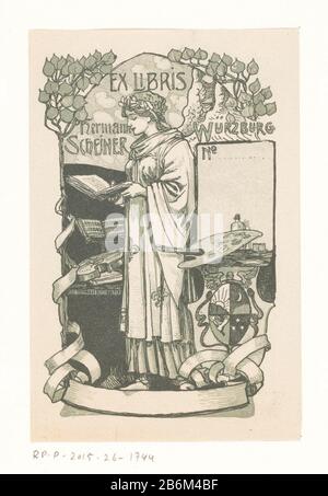 Ex libris van Hermann Scheiner Muse con ali e un libro nelle sue mani. Accanto a lei un violino, musica di foglio e una tavolozza del pittore. Proprio sotto un wapenschild. Produttore : Print maker: Anonymous date: Circa 1920 caratteristiche Fisiche: Litografia in verde, pressata da due materiali lapidei: Tecnica della carta: Litografia (tecnica) dimensioni: Foglio: H 138 mm × b 84 mm Oggetto: Singola Muse palette violino, violino Foto Stock