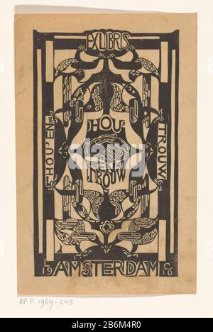 Ex libris van de vereniging Hou'en Trouw nel mezzo due mani agitare. Sinistra verticale 'Amore' e 'destra verticale' fede '. Sopra e sotto vogels stilizzati. Produttore : stampatore: CAREL Adolph Lion Cachet (indicato sull'oggetto) Luogo di fabbricazione: Amsterdam Data: 1916 Materiale: Carta Tecnica: Lijncliché dimensioni: Foglio: 156 mm × H b 99 mm Oggetto: Mano tremante, 'strestarum jctio'birds Foto Stock