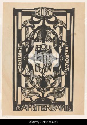 Ex libris van de vereniging Hou'en Trouw nel mezzo due mani agitare. Sinistra verticale 'Amore' e 'destra verticale' fede '. Sopra e sotto vogels stilizzati. Produttore : stampatore: CAREL Adolph Lion Cachet Luogo fabbricazione: Amsterdam Data: 1916 Materiale: Carta Tecnica: Legno dimensioni: Foglio: H 451 mm × W 330 mm Oggetto: Mani tremanti, 'extrarum junctio'birds Foto Stock