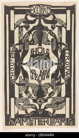 Ex libris van de vereniging Hou'en Trouw nel mezzo due mani agitare. Sinistra verticale 'Amore' e 'destra verticale' fede '. Sopra e sotto vogels stilizzati. Produttore : stampatore: CAREL Adolph Lion Cachet Luogo fabbricazione: Amsterdam Data: 1916 Materiale: Carta Tecnica: Legno blocco dimensioni: Foglio: H 430 mm × W 257 mm Oggetto: Mani tremanti, 'extrarum junctio'birds Foto Stock