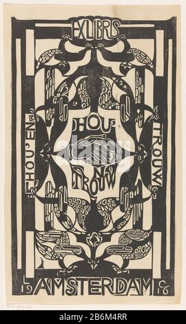 Ex libris van de vereniging Hou'en Trouw nel mezzo due mani agitare. Sinistra verticale 'Amore' e 'destra verticale' fede '. Sopra e sotto vogels stilizzati. Produttore : stampatore: CAREL Adolph Lion Cachet Luogo fabbricazione: Amsterdam Data: 1916 Materiale: Carta Tecnica: Legno dimensioni: Foglio: H 445 mm × W 260 mm Oggetto: Mani tremanti, 'extrarum junctio'birds Foto Stock