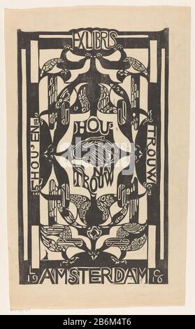 Ex libris van de vereniging Hou'en Trouw nel mezzo due mani agitare. Sinistra verticale 'Amore' e 'destra verticale' fede '. Sopra e sotto vogels stilizzati. Produttore : stampatore: CAREL Adolph Lion Cachet Luogo fabbricazione: Amsterdam Data: 1916 Materiale: Carta Tecnica: Legno dimensioni: Foglio: H 483 mm × W 284 mm Oggetto: Mani tremanti, 'extrarum junctio'birds Foto Stock