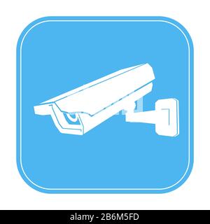 Sotto segno di sorveglianza cctv. Icona blu con silhouette bianca della telecamera di sicurezza Illustrazione Vettoriale