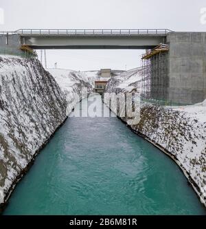 Centrale idroelettrica di Sultartangavirkjun, Highlands centrali, Islanda Foto Stock