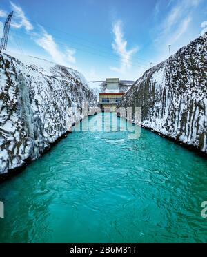 Centrale idroelettrica di Sultartangavirkjun, Highlands centrali, Islanda Foto Stock