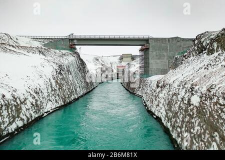 Centrale idroelettrica di Sultartangavirkjun, Highlands centrali, Islanda Foto Stock