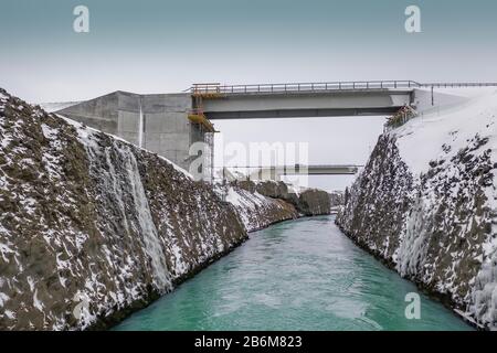 Centrale idroelettrica di Sultartangavirkjun, Highlands centrali, Islanda Foto Stock