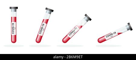 Test di Covid-19. Campioni di sangue in provette di vetro. Icone vettoriali isolate. Test di coronavirus. Analisi del sangue. Illustrazione Vettoriale