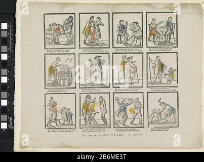 Figuren en en bezigheden Blad met 12 voorstellingen van verschillende figuren en en bezigheden, zoals een dronkenlap, een vrouw die poffertjes bakt en een zakkenroller. Onder elke voorstelling een tweeregelig vers in het Fries. Genummerd rechtsboven: 54. Produttore : verkoper: F. Houtkamp (vermeld op object)uitgever: Jan de Lange (II)produttore: AnoniemPlaats produzione: Verkoper: Sneekuitgever: Deventerprentmaker: Nederland dating: 1822 - 1849 Physical kenmerken: Houtsnede gekleurd in blauw, geel draorje en druekteekteuk Foto Stock