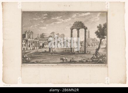 Forum Romanum te Rome parte di campo Vaccino (titel op Object) delle Magnificenze di Roma Antica e moderna (seriettel) Gezicht op het Forum Romanum met de drie resterende zuilen van de Tempel van Castor en Pollux en links de Tempel van Antoninus en Faustina (De cella van de tempel is omgebouwd tot de kerk San Lorenzo in Miranda). Rechts op de achtergrond de Santa Francesca Romana (voorheen Santa Maria Nuova). Genummerd rechtsonder: 32. Titel en verklarende lijst ha incontrato nummers in ondermarge. Produttore : produttore : Giuseppe Vasi (vermeld op object)naar eigen ontwerp van: Giuseppe Vasi (vermel Foto Stock