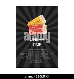 Tempo di cinema. Cartoon nero poster con biglietti , vettore mockup. Illustrazione Vettoriale