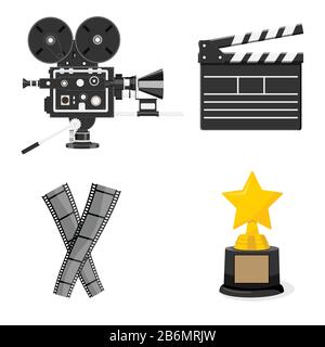 Set di elementi cinematografici - fotocamera d'epoca, clapperboard, film tape e trofeo premio. Illustrazione Vettoriale