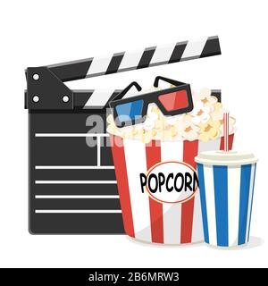 Set di elementi cinematografici - clapperboard, popcorn, soda e occhiali 3d. Illustrazione Vettoriale