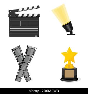 Set di elementi cinematografici - Spotlight, clapperboard, film tape e trofeo premio. Illustrazione Vettoriale