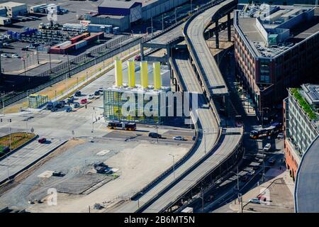 Veduta aerea dell'autostrada in costruzione, Washington state, USA Foto Stock