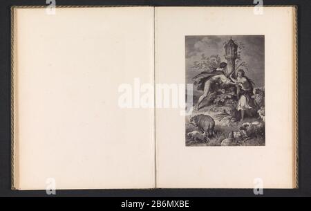 Fotoreproductie van een prent van een scene uit Heidenröslein, voorstellende een herder en een vrouw Object Type : foto reproductie bladzijde Objectnummer: RP-F-2001-7-784-6 fabbricante : fotograf: Anoniemnaar prent van: Wilhelm von Kaulbach Dating: CA. 1875 - ca. 1885 Materiale: Fotopapier Techniek: Albuminedruk dimensioni: Foto: H 184 mm × b 132 mm Oggetto: Erding, herdsman, herdswoman, pastorello, pastorella, cowherd, etc.Sheep Foto Stock