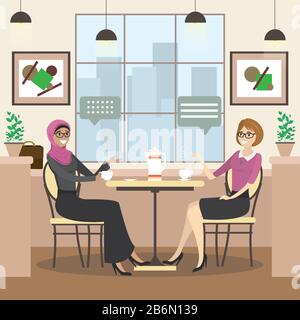 Le donne di bellezza bevono caffè in un caffè, moda caucasica e femmina araba è seduto a un tavolo in un ristorante accogliente, piatto vettore illustrazione Illustrazione Vettoriale