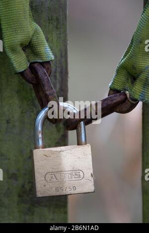 Lucchetto forte su un cancello in un campo. Foto Stock