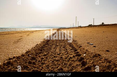 Impronte di pneumatici da motociclista su una spiaggia di sabbia dorata al tramonto. Un battistrada senza fine su fango. Foto Stock