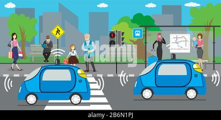 City Street e auto auto auto auto auto su strada, fermata dei trasporti pubblici, persone andare e stand, futuristico concetto di vita urbana, esterno piatto vettore illustrazione Illustrazione Vettoriale