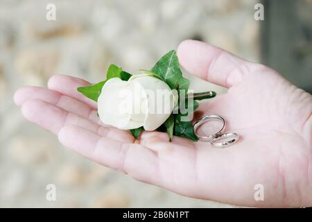 Piccolo fiore e anelli sullo sposo mano Foto Stock