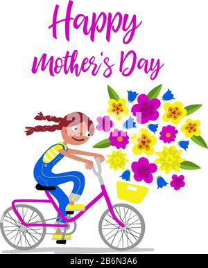 Festa della mamma - ragazza carino in dungaree con pigtail su una bicicletta dà alle sue madri fiori come un presente - carta orizzontale - illustrazione disegnata a mano Illustrazione Vettoriale