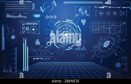 tecnologia astratta ui concetto futuristico interfaccia hud elementi ologramma di data chart digitale, comunicazione, calcolo e cerchio percentuale vitalità Illustrazione Vettoriale