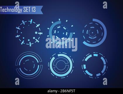 Set Of Circle Abstract Digital Technology Ui Futuristico Interfaccia Virtuale Hud Elementi Sci- Fi Utente Moderno Per Il Movimento Grafico, Tecnologia A Tema, Gioco Illustrazione Vettoriale