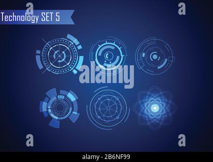 Set Of Circle Abstract Digital Technology Ui Futuristico Interfaccia Virtuale Hud Elementi Sci- Fi Utente Moderno Per Il Movimento Grafico, Tecnologia A Tema, Gioco Illustrazione Vettoriale
