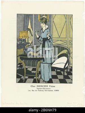 Gazette du Bon Ton, 1914 - No. 1: Chez MERCIER Frères / tapis Irish - Décorateurs (oggetto del titolo) Tipo Di Oggetto: Modalità di stampa numero Oggetto: RP-P-2009-3956 Iscrizioni / marchi: Pedice, bottom center, printed, 'Chez MERCIER Frères / Tapissiers- Décorateurs'adres, bottom center, printed '100, Rue du Faubourg Saint-Antoine, PARIS'titel, vero top center, printed:' Les Plus grands hotels (...) 'Descrizione: Donna in un interno della ditta Mercier, imbottiti e decoratori. Indossa un abito con uno strokenrok punteggiato. Nelle mani una lunga collana con perline. Sul tavolo è una scatola di gioielli. Nel bac Foto Stock