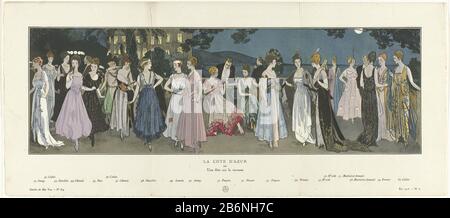 Donne in compagnia su una terrazza di notte. Donne che indossano abiti da sera Jenny, Callot, Doeuillet, Cheruit, birra, Lanvin, Paquin, Doucet, Premet, Worth e Martial et Armand. Planche 6 di Gazette du Bon Ton, été 1915, n° 8-9. Produttore : printmaker: Anonymous fashion house: Callot Soeurs (listed building) fashion house: Jenny (listed building) fashion house: George Doeuillet (listed building) fashion house: Gustav Beer (listed object ) fashion house: Jeanne Lanvin (indiced on object) fashion house: JA Foto Stock